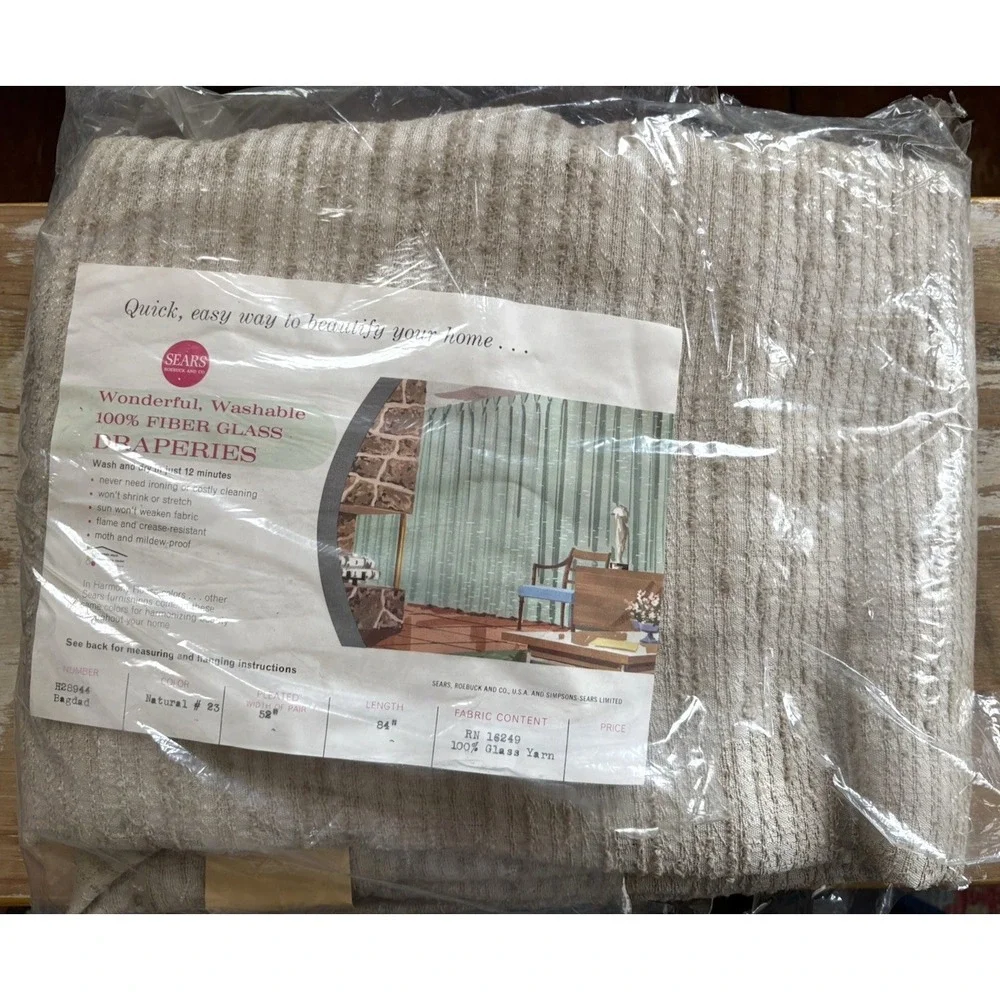 Vintage NOS Sears pleated fiberglass drapes curtains mid century modern beige